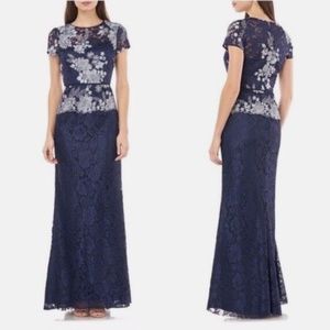 NWT JS Collections Gown Navy Lace with Silver hued floral Embroidery, Size 4